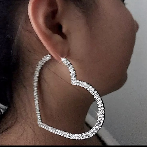 White Gold Plated Oversized Diamond Heart Hoop Earrings - Picture 6 of 14